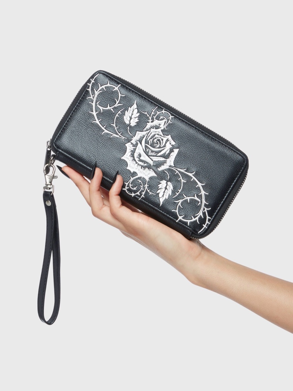 Killstar Petal & Pine Black Floral Embroidered Zip Wristlet Wallet